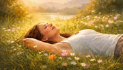 Woman relaxing in a sunlit meadow, lying on grass with colorful flowers. Serene expression, mountains and lake in the background.