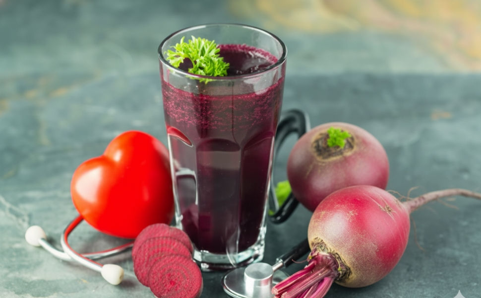 Beetroot juice with heartbeat icon symbolizing cardiovascular support