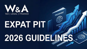 Ảnh nền xanh: W&A TAX | LEGAL | FINANCE, EXPAT PIT 2026 GUIDELINES, hộ chiếu và mũi tên tăng trưởng.