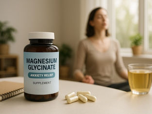 Supplement bottle labeled "Magnesium Glycinate" on a table with capsules, notebook, and tea. A woman meditates in the blurred background. Calm mood. Herbpy Blog.