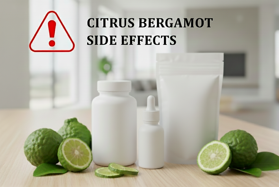 Bergamot supplements and sliced fruit on a wooden table. Text reads ‘CITRUS BERGAMOT SIDE EFFECTS’ with a red warning symbol. Infographic keywords displayed subtly: citrus bergamot side effects, is citrus bergamot safe, Herbpy, Herbpy Supplement. Clean scientific-wellness design with white background and red-orange caution accents.
