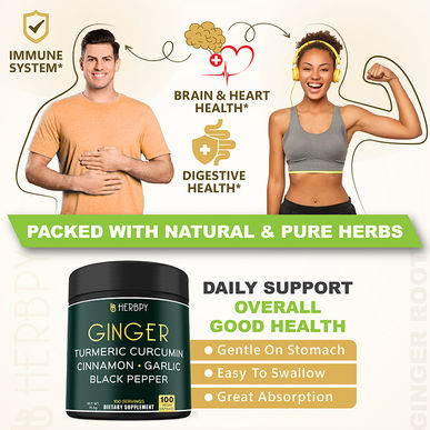 Herbpy Ginger Capsules for overall wellness, supporting brain, heart, and digestive health. Ginger root supplement benefits include improved immunity, metabolism, and energy balance.