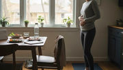 Pregnant woman holds belly in a cozy dining room with sunlight. Dishes, a calendar, and plants on the table add a calm, domestic feel. Why Spring Bloating Happens and What Your Body Is Telling You