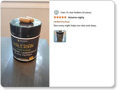 Customer reviews on Herbpy Valerian Supplement — users appreciate relaxation, better sleep, and support for reduced stress from valerian root with lemon balm and L-theanine.