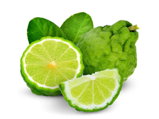 A collection of fresh Citrus Bergamot fruits and limes. One lime is sliced in half, revealing its juicy, light green interior with a segmented structure, while another Citrus Bergamot fruit is cut to show its similar bright green flesh. Whole Bergamot fruits with bumpy, green skin and a few green leaves are also visible, set against a plain background. Source: Canva