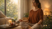 A woman meditating in a sunlit room, sitting cross-legged with closed eyes. A candle and plant are on a table nearby, creating a calm atmosphere.