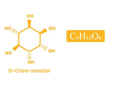 Chemical structure of D-Chiro-Inositol in yellow with formula C6H12O6 on a white background. Molecule and text prominent. Source Canva.