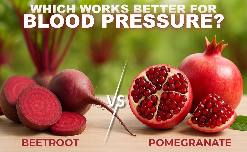 Beetroot and pomegranate halves side-by-side for comparison