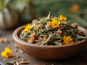 Close-up view of dried herbal leaves and flowers in a wooden bowl