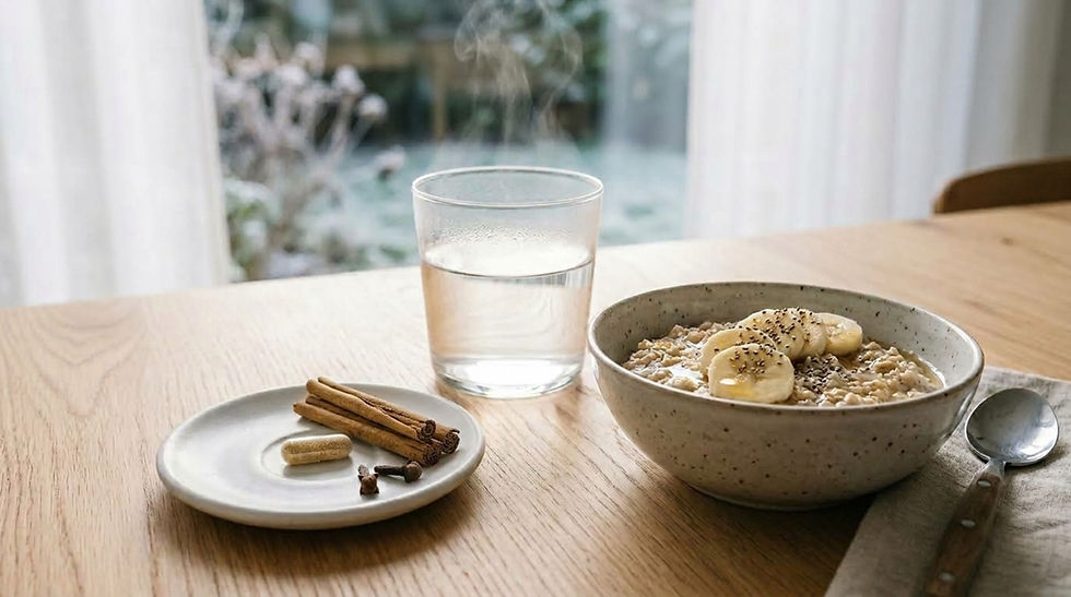 Bowl of oatmeal topped with banana beside a glass of water and cinnamon sticks on a wooden table by a bright window.