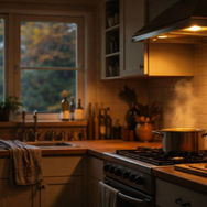 Cozy kitchen with a pot steaming on the stove, warm lighting, and fall foliage visible through the window. Rustic, inviting atmosphere.