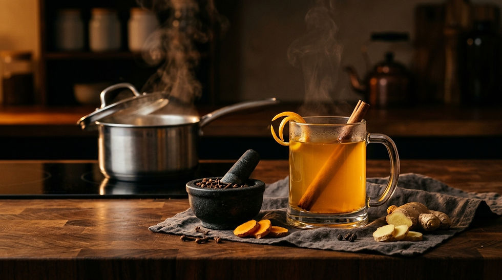 Steaming mug of spiced tea with cinnamon, ginger and orange peel on a kitchen counter beside a pot, warm cozy lighting.