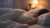 Person sleeping in bed under white covers, soft light from a bedside lamp, creating a calm and cozy bedroom atmosphere.