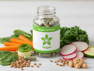  The image depicts a clear capsule bottle, containing herbal capsules, placed on a bright, clean and modern surface (like white wood or natural stone). The label on the bottle clearly says “Vegan Certified” with a prominent “Vegan flower logo”, sharp, bright design and balanced size.