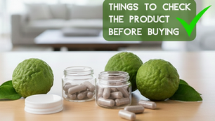 Supplement bottle and jar of capsules on a table with green fruits. Text overlay: ‘Things to check the product before buying’ with a checkmark. Infographic text elements include keywords: best citrus bergamot supplement, where to buy citrus bergamot, naomi citrus bergamot reviews, Herbpy, Herbpy Supplement. Clean modern wellness design with white background and green-gold accents.