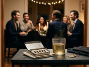 Open cufflink case, drink, and folded suit on table in foreground; blurred friends laugh at a candlelit dinner party behind.