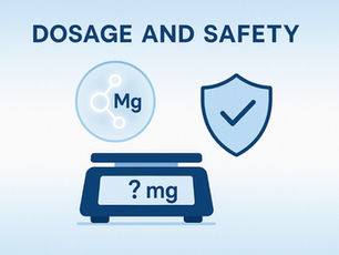 Illustration of "Dosage and Safety" with a scale, molecular symbol with "Mg," and shield with checkmark on a blue gradient background. Herbpy Blog.