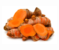 A pile of fresh Turmeric roots, some of which are sliced open to reveal their bright orange interior. The outer skin is a mix of orange and light brown, with a rough texture, and the cut pieces display a vibrant, rich color, set against a plain background. Source: Canva