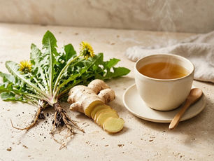 Dandelion greens with roots and sliced ginger beside a steaming cup of herbal tea on a rustic beige table.
