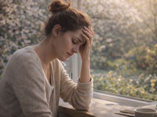 Woman with a hand on her forehead sits at a table, looking stressed. Sunlit garden with blooming flowers visible through the window.