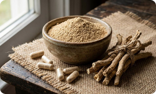 Ashwagandha root powder in a bowl with capsules and dried roots on a rustic table, representing KSM-66 ashwagandha supplement.