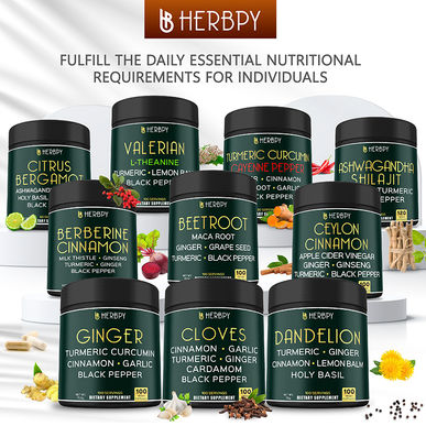 Herbpy herbal supplement collection featuring Ashwagandha Shilajit, Berberine, Beetroot, and Dandelion formulas. Premium herbal supplements for energy, focus, and overall wellness.