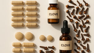 Clove capsules, tablets, and whole cloves are arranged alongside two amber bottles labeled "CLOVE" on a beige background.
