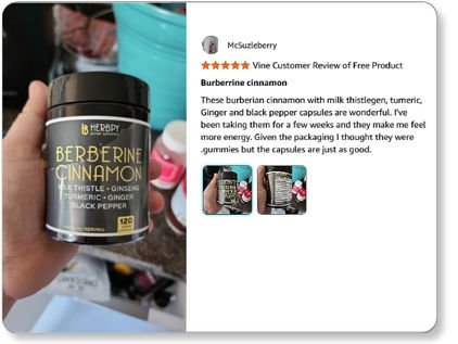 Customer reviews for Herbpy Berberine and Cinnamon Capsules — users note weight loss support and metabolism balance with berberine HCl, Ceylon cinnamon, and milk thistle.