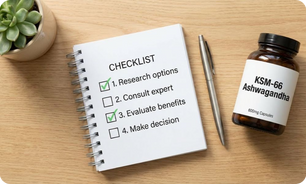 A flat-lay photo showing a notepad with a "Health Checklist", a pen, and a bottle of KSM-66 Ashwagandha on a clean wooden desk.