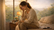 A woman sits on a bed, leaning her head on her hand, appearing thoughtful. Warm lighting, an open book, and a plant create a cozy atmosphere.