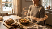 Woman in a cozy sweater enjoying steaming soup at a wooden table, with bread, candles, and a snowy window view in the background. Warm atmosphere. Why Hearty Winter Meals Feel Gently More Satisfying
