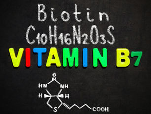 Colorful "Vitamin B7" text with chemical formula C10H16N2O3S and structure diagram on a blackboard background, evoking a scientific theme. Source: Canva