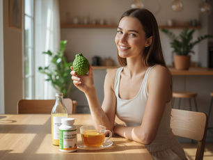 Smiling woman holds a green citrus. Table with juice, tea, and supplement bottles. Bright kitchen with plants. Peaceful, sunny atmosphere. Infographic text elements include keywords: bergamot weight loss, is citrus bergamot good for you, Herbpy, Herbpy Supplement. Modern lifestyle wellness design with fresh green and yellow tones.