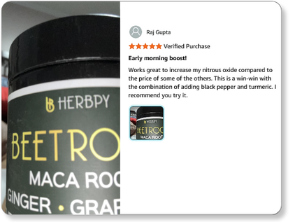 Customer reviews for Herbpy Beetroot Supplement - users report more energy, stamina, and heart support from beetroot, maca, and turmeric extract combination.
