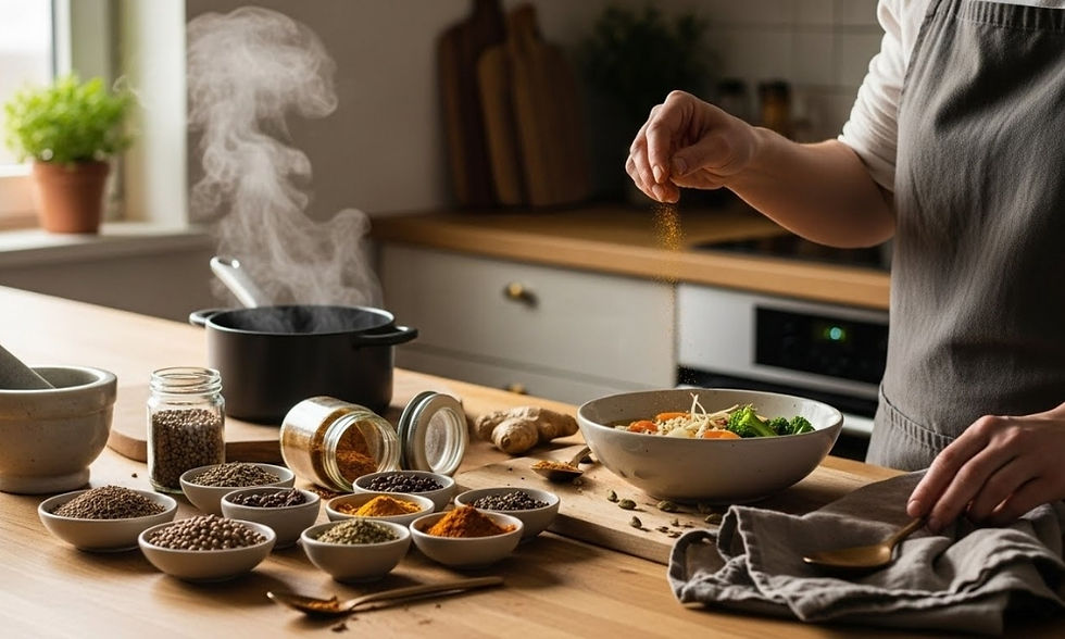Person in apron sprinkles spice over a bowl of vegetables in a cozy kitchen. Steaming pot, spices, and warm tones create a relaxed mood. Essential Spring Kitchen Spices and the Meaning Behind Their Use