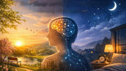Silhouette of a person with glowing brain, split between sunny landscape and starry night, symbolizing day and night. Clock on bedside table.