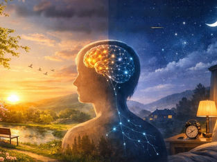 Silhouette of a person with glowing brain, split between sunny landscape and starry night, symbolizing day and night. Clock on bedside table.