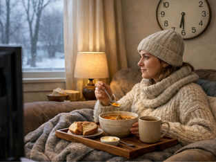 Woman in cozy sweater and beanie eats soup on sofa, watching TV. Snowy window view, warm lamp light, clock on wall. Relaxed ambiance. Seasonal Appetite: How Cold Weather Shapes Hunger and Cravings