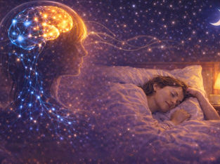 Woman sleeping peacefully in bed, with a glowing brain and neural network overlay. Starry night and crescent moon in background. Dreamy ambiance.