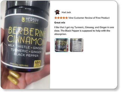 Customer reviews for Herbpy Berberine and Cinnamon Capsules — users note weight loss support and metabolism balance with berberine HCl, Ceylon cinnamon, and milk thistle.