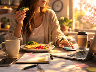 Woman multitasks in a sunlit room, eating toast while working on a laptop. Coffee, fruit, and notes are on the table. Relaxed atmosphere.