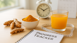 Turmeric root and powder next to juice, a tape measure, and a "Progress Tracker" notebook on a table. Background shows a clock. Herbpy Blog.