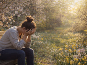 Woman on bench in a garden, head in hands, surrounded by blooming flowers and trees, sunlight filtering through. Mood: contemplative.