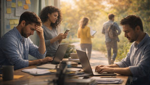 Man stressed at laptop, woman texting, and another man working outdoors. Sunny park setting with walking people, notepads, and sticky notes.