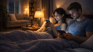 Couple in bed at night using phones, lit by a warm lamp. Clock reads 11:25. Cozy room with sofa and plants, relaxed atmosphere.