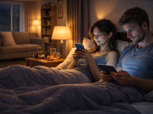 Couple in bed at night using phones, lit by a warm lamp. Clock reads 11:25. Cozy room with sofa and plants, relaxed atmosphere.