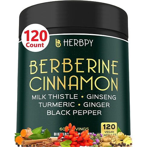 Herbpy Berberine Cinnamon Supplement with Milk Thistle, Ginseng, Turmeric, Ceylon Cinnamon, Ginger, and Black Pepper - 120 vegan capsules for metabolism and healthy blood sugar. Natural berberine HCl herbal supplement for weight management.
