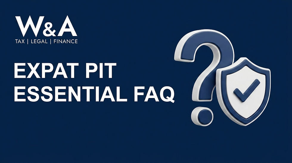 W&A Tax Legal Finance graphic with EXPAT PIT ESSENTIAL FAQ text and a blue question mark with shield check icon on dark blue background