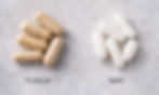 Brown TUDCA capsules and white NAC capsules on a textured gray surface. Text labels identify each group with a calm, neutral tone.