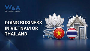 W&A tax, legal, finance poster reading Doing Business in Vietnam or Thailand, with Vietnam and Thailand flags and temple icons.